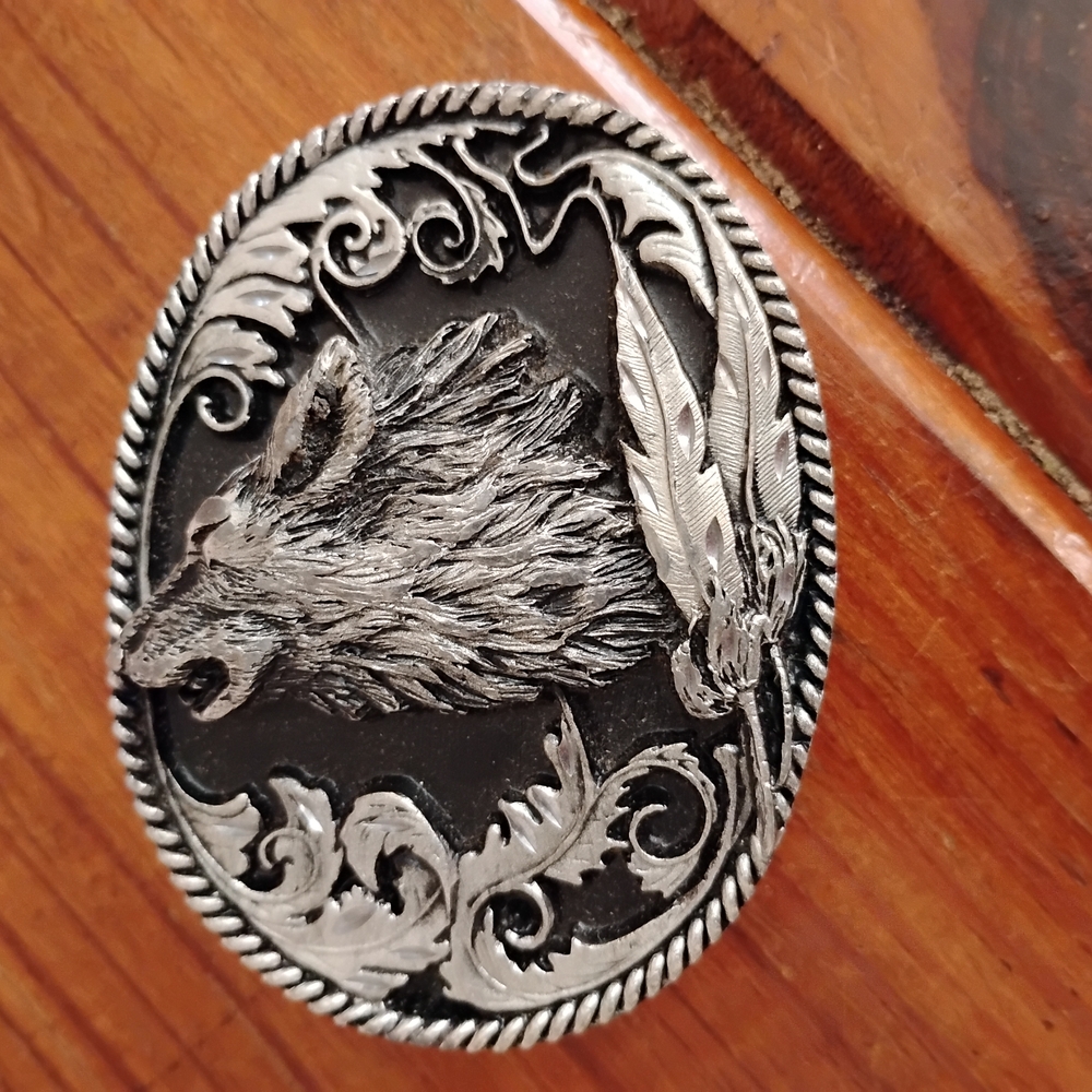 Black and Silver Ornate  Buckle  Wolf Motif  Vintage 1995 Siskiyou Buckle Co.